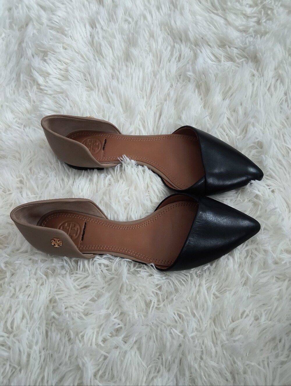 Tory Burch Two-Tone Pointed D'Orsay Flats in Black and Tan